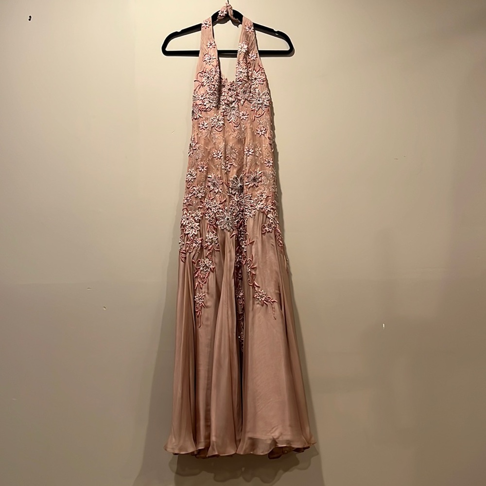 Pink halter gown with crystals and floral patchwork design size 2